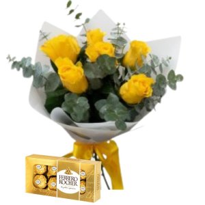 Ramo de 6 rosas amarillas y ferreros